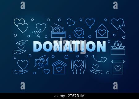 Donation vector blue modern illustration or horizontal banner in thin line style on dark background Stock Vector