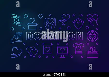 Donation colorful horizontal illustration. Donating money vector outline creative banner on dark background Stock Vector
