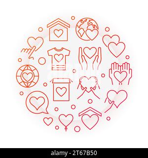 Philanthropy and charity red vector round concept outline illustration on white background Stock Vector