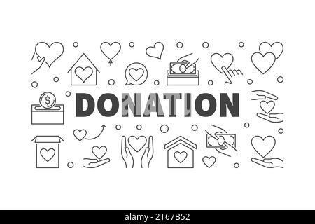 Donation vector modern illustration or horizontal banner in thin line style on white background Stock Vector