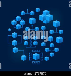 Blockchain technology round creative blue vector illustration or symbol on dark background Stock Vector