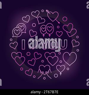 I love you pink illustration. Vector Love bright linear design on dark background Stock Vector