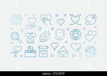 Philanthropy and charity vector blue outline horizontal banner or illustration on white background Stock Vector