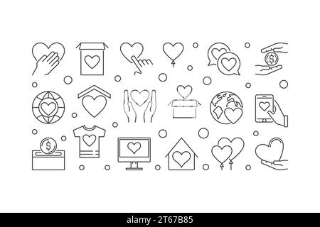 Fundraising and charity vector concept illustration or horizontal banner in thin line style on white background Stock Vector