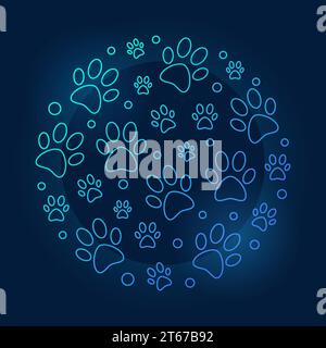 Pets footprints round blue illustration. Vector thin line animals footprints in circle shape concept symbol on dark background Stock Vector