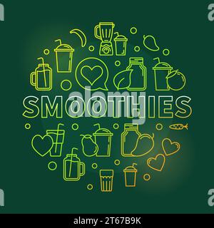 Smoothies vector green round symbol. Vector illustration made with smoothie jars and glasses outline icons on dark background Stock Vector