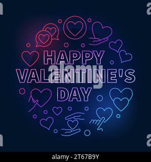 Happy Valentines Day round colored illustration. Vector bright circular sign made with thin line heart icons on dark background Stock Vector