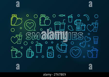 Smoothies vector colored horizontal banner. Vector illustration made with smoothie jars and glasses outline icons on dark background Stock Vector