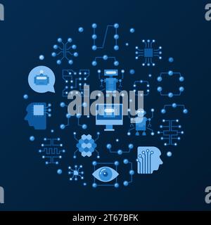 Artificial Intelligence round flat illustation. Vector colorful AI technology symbol on dark background Stock Vector