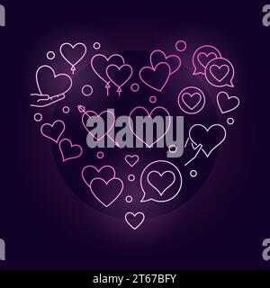 Valentines heart pink vector illustration - lots of linear hearts in heart shape on dark background Stock Vector