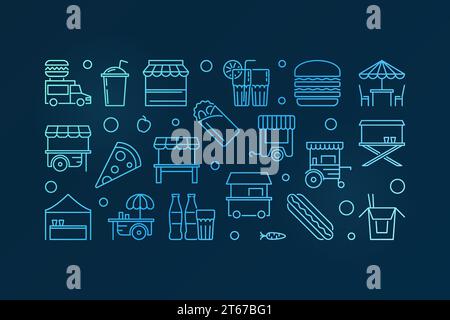 Street food festival vector blue outline horizontal banner. Street market concept illustration on dark background Stock Vector
