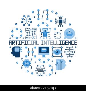Artificial Intelligence flat round vector illustration made with technology icons Stock Vector