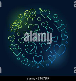 Lots of hearts in round shape vector colored Valentines Day outline illustration on dark background Stock Vector