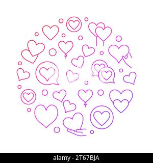 Red hearts circular thin line illustration - vector valentines day card with outline hearts on white background Stock Vector