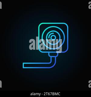 Security surveillance camera outline blue icon. Vector CCTV concept line sign on dark background Stock Vector