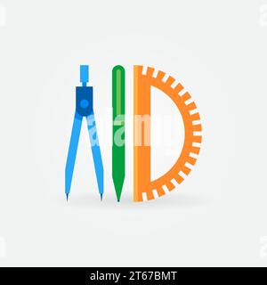 Compass with pen and protractor flat icon or symbol Stock Vector