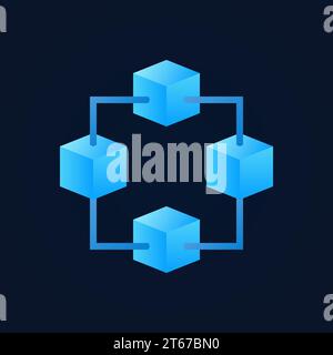 Block chain vector icon made with four bright blue cubes. Blockchain technology design element on dark background Stock Vector