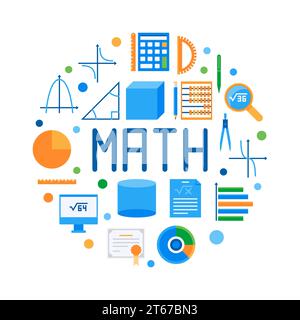 Math round flat vector modern illustration. Colorful mathematics symbol on white background Stock Vector