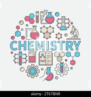 Chemistry round colorful illustration. Vector science and education symbol made with word CHEMISTRY and chemical icons Stock Vector