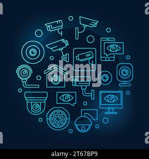 Video surveillance blue round symbol. Vector modern CCTV illustration in thin line style on dark background Stock Vector