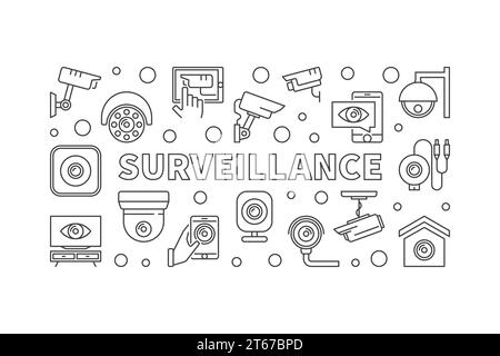 Surveillance vector horizontal illustration. Video security concept banner in thin line style on white background Stock Vector