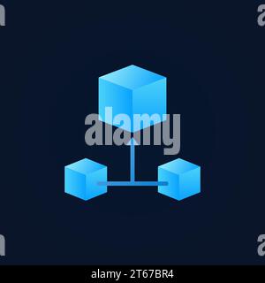 Blue 3d cube blockchain icon - vector block chain creative symbol on dark background Stock Vector