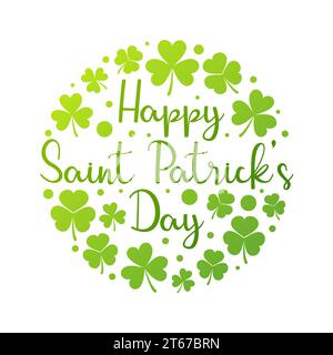 Happy Saint Patricks Day vector round bright illustration or greeting card made with shamrock and clover icons on white background Stock Vector