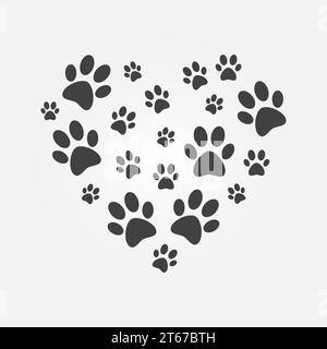 Heart with icons of dog paw prints vector illustration. Dark animals footprints in heart shape symbol Stock Vector