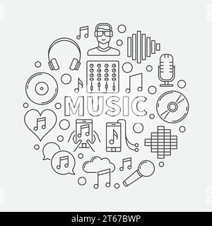 Music line round illustration. Vector outline concept symbol made with different musical icons and word MUSIC in center Stock Vector