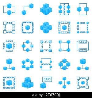 Blockchain colorful icons. Vector bright block chain creative signs or logo elements. Block, cube and chain concept symbols Stock Vector
