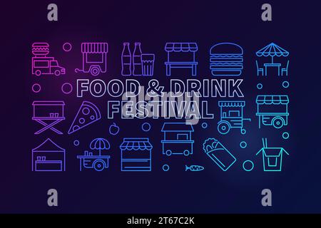 Food and drink festival colored banner - vector horizontal illustration in thin line style on dark background Stock Vector