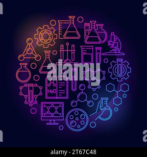 Education and chemistry colorful symbol. Vector circular creative chemical sign in thin line style on dark background Stock Vector