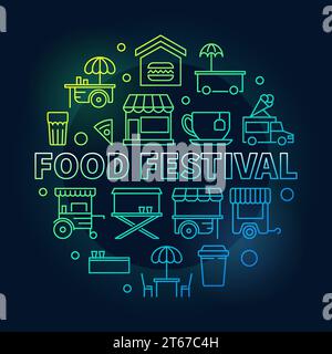 Colored food festival vector linear illustration. Round street food concept symbol in linear style on dark background Stock Vector