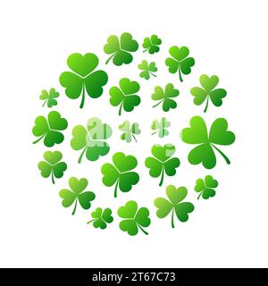 Round shape made of bright green small shamrocks or clovers on white background. Vector Saint Patricks Day concept illustration or greeting card Stock Vector