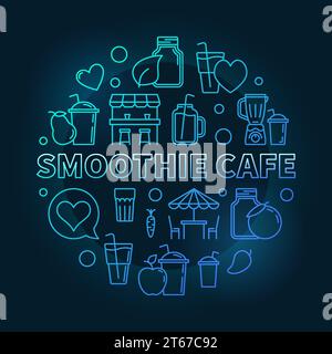 Smoothie Cafe blue round concept symbol or illustration in thin line style on dark background Stock Vector