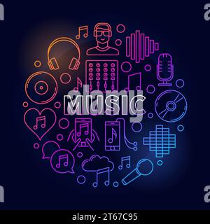 Music dark round illustration. Vector colorful concept symbol made with different musical line icons and word MUSIC in center on dark background Stock Vector