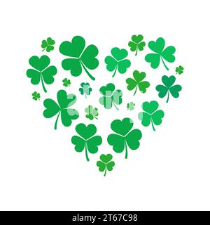 Heart made of small shamrock or clover icons on white background. Saint Patricks Day creative vector illustration Stock Vector