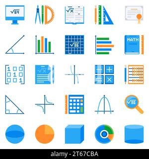 Math flat icons. Vector colorful mathematics or algebra creative symbols or design elements Stock Vector