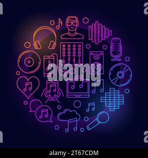 DJ colorful linear illustration. Vector music circular concept symbol in line art style on dark background Stock Vector