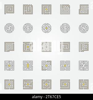 Labyrinth icons set. Vector colorful and thin line maze concept symbols collection Stock Vector