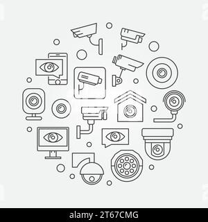 Video surveillance circular symbol. Vector modern CCTV illustration in thin line style Stock Vector