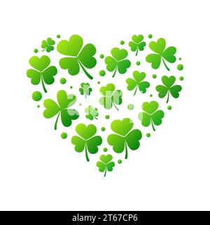 Heart made of bright green small shamrocks or clovers on white background. Vector Saint Patricks Day concept illustration Stock Vector