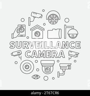 Surveillance camera circular illustration - vector CCTV security round outline symbol Stock Vector