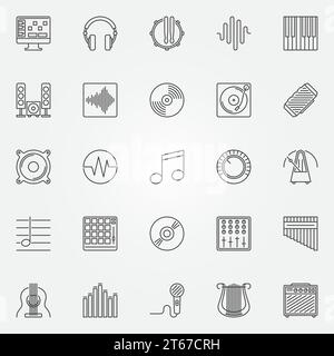 Music icons set - vector outline speaker, metronome, mixer, note, vinyl, equalizer, combo amplifier concept symbols Stock Vector