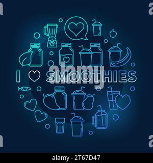 I Love Smoothies blue thin line symbol. Smoothie vector illustration on dark background Stock Vector