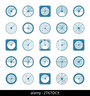 Radar flat icons set. Vector colorful radio location symbols or logo elements Stock Vector
