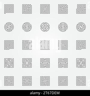 Maze outline icons set. Vector round and square labyrinth concept symbols or logo elements in thin line style Stock Vector