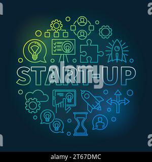 Start-Up circular colored illustration. Vector Startup outline icons in circle shape on dark background Stock Vector