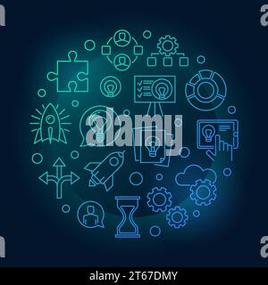 Startup concept blue modern illustration. Vector start-up symbol made with thin line icons on dark background Stock Vector