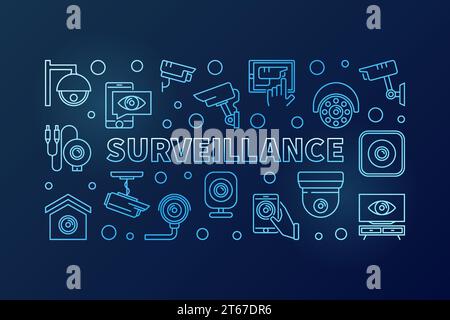 Surveillance vector blue horizontal illustration. Video security creative banner in outline style on dark background Stock Vector